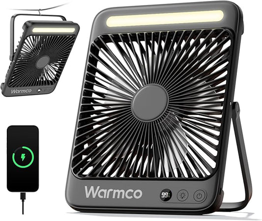 Warmco 20000mAh Battery Powered Fan, Ultra-Slim 8-Inch Portable Camping Fan with LED Lantern, Up to 48H Runtime Rechargeable Desk Fan for Bedroom, Outdoor, Tent, Travel, Cruise Ship Essentials