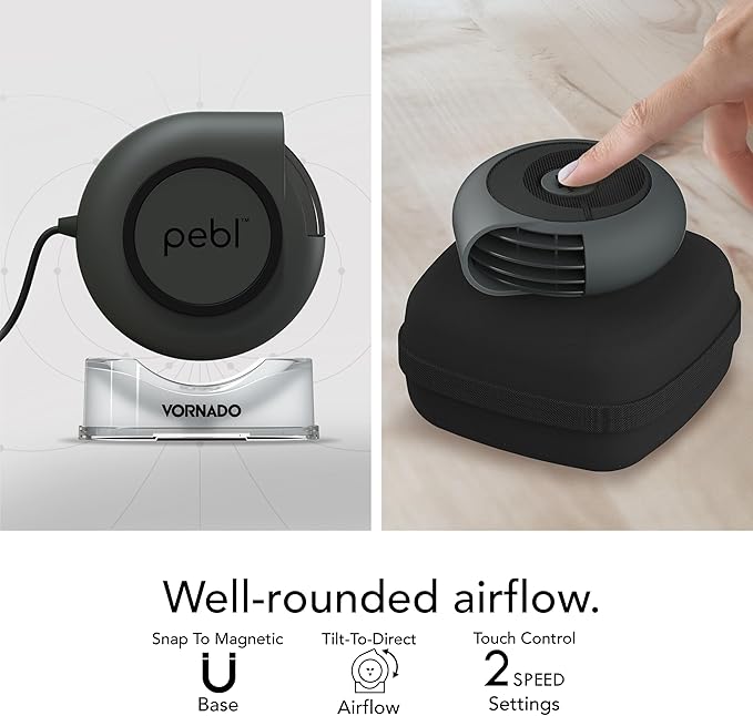 Vornado PEBL PAK Portable Desk Fan with Carry Case, USB Fan, Magnetic Base, Adjustable Airflow, Personal Spot-Cooling, 2 Speed Settings, Included Wall Adapter, Perfect as Home, Office, or Travel Fan