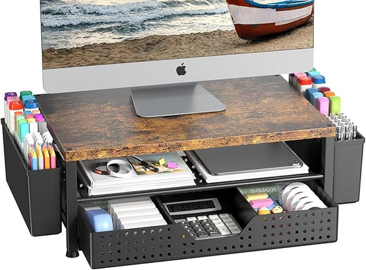 Wood Monitor Stand Riser, Laptop Stand for Desk, Office Desk Organizer and Accessories, Computer Desktop Shelf with Drawer and Pen Holder, Printer Stand for Home, Office, Dorm (Brown)