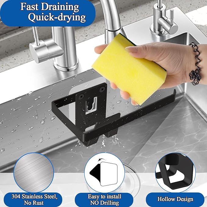 GAViA Kitchen Sink Sponge Holder - Sponge and Dish Cloth Hanger, Adhesive Rustproof Kitchen Sink Rack, 304 Stainless Steel, No Drilling (Black)