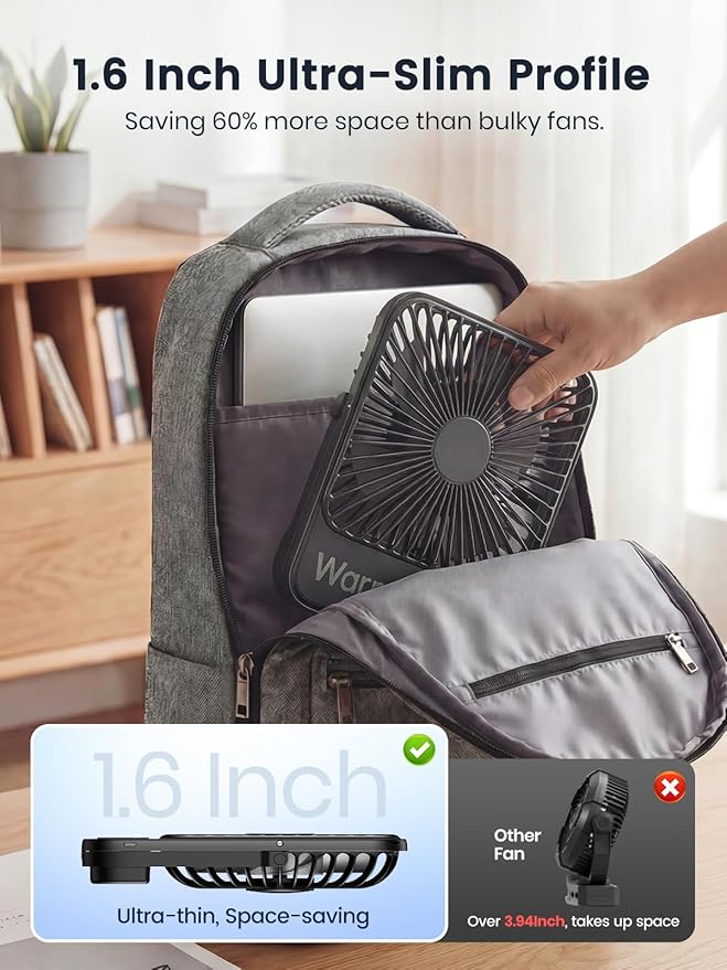 Warmco 10000mAh Portable Travel Fan 7-inch, Max 24H Runtime, Ultra-thin Quiet Rechargeable Battery Operated Desk Fan with Digital Display for Camping, Office, Bedroom, Cruise Essentials