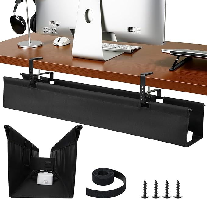 SHUWEI 48" Under Desk Cable Management Tray, Premium Fabric Cable Management for Desk, Clamp/Screw Mount Cable Tray for Office and Home, Black