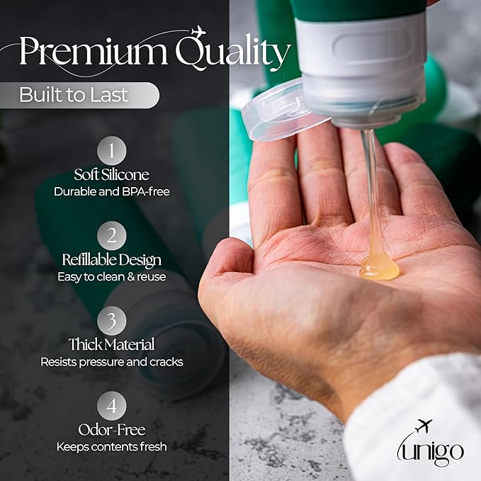 unigo Silicone Travel Bottles Set for Toiletries, Airplane Approved TSA Carry On Size, BPA Free Leakproof Refillable Squeeze Containers with Labels, Cleaning Brush and Covers (Green)