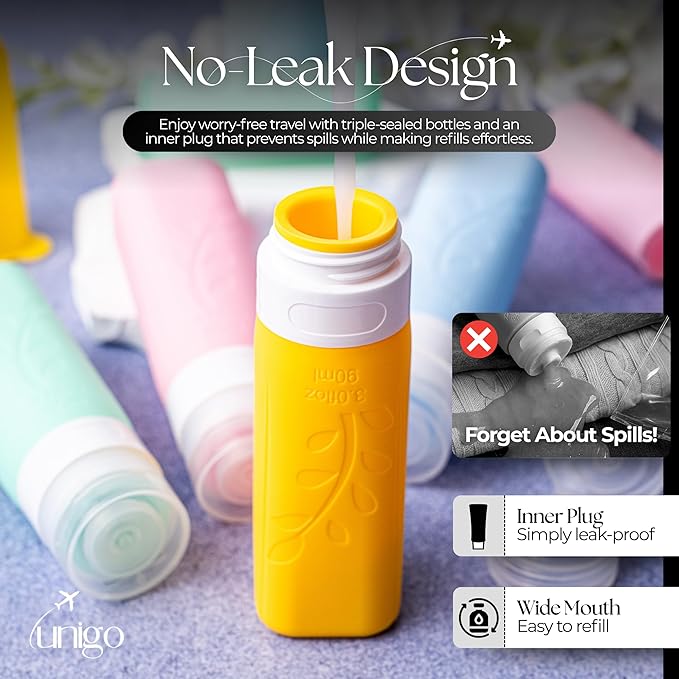 unigo Silicone Travel Bottles Set for Toiletries, Airplane Approved TSA Carry On Size, BPA Free Leakproof Refillable Squeeze Containers with Labels, Cleaning Brush and Covers (Multicolor A)
