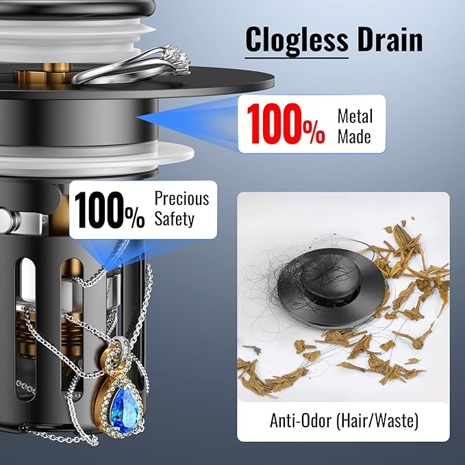 (2 Pc) Bathroom Sink Stopper-All Metal Sink Stopper-Universal Fit 99% Bathroom Stopper with Removable Stainless Steel Hair Catcher- Basin (1.1'' to 2.36'' inch) - Black