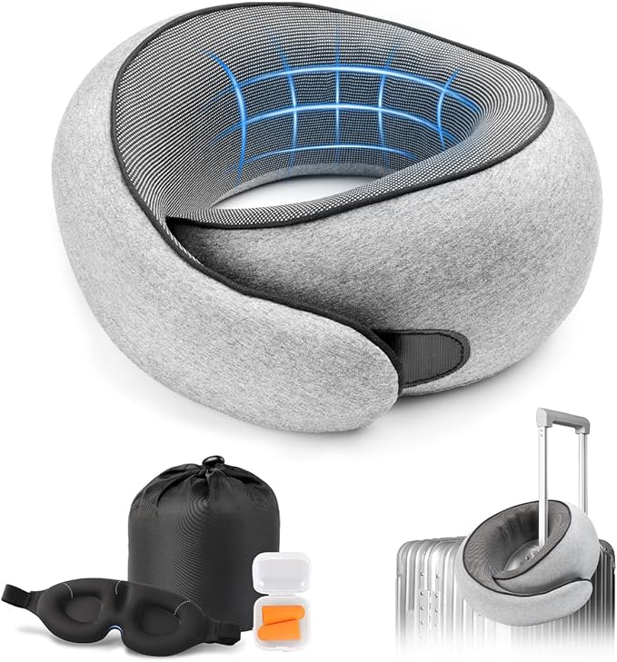 Travel Neck Pillow with 100% Pure Memory Foam, G-Shape, Includes Eye Mask & Ear Plugs, Ergonomic Design for Airplane, Car & Office, etc, Beige Gray