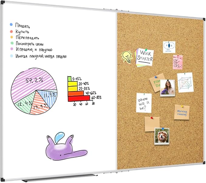 XBoard Extra Large Magnetic White Board and Bulletin Corkboard Combination, 60 x 40 Inch Foldable Dry Erase & Cork Combo Board for Wall with Aluminum Frame, 5' x 3' Notice Memo Board Pin Vision Board