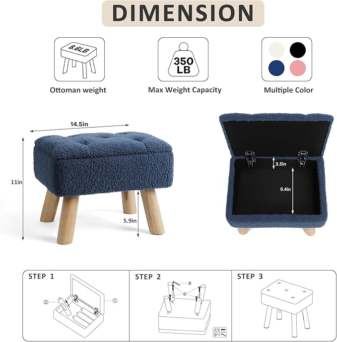 Storage Ottoman, Small Foot Stool Ottoman with Storage, Boucle Teddy Velvet Foot Rest with Padded Seat, Sturdy Wood Legs Stool for Living Room, Bedroom, Couch, Enterway (Dark Blue)
