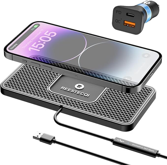 Wireless Car Charger Pad, REESTECQI 15W Wireless Charging Pad for Car Non Slip Phone Car Wireless Charger [40W Car Charger Included] for iPhone 17 16 15 14 13, AirPods 3/Pro 2, Samsung S26/S25/S24