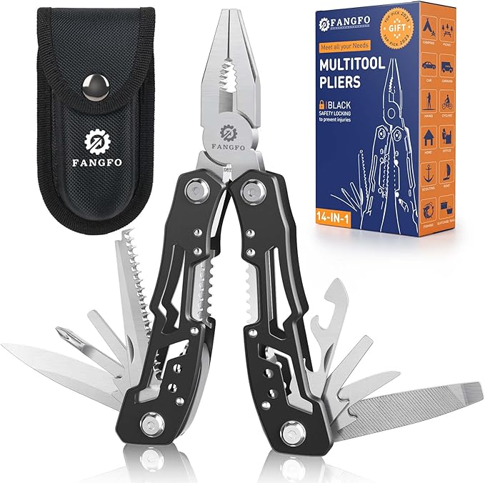 14-In-1 Multitool with Safety Locking, Professional Stainless Steel Multitool Pliers Pocket Knife, Bottle Opener, Screwdriver with Nylon Sheath ，Apply to Survival,Camping, Hunting and Hiking 1 Pcs