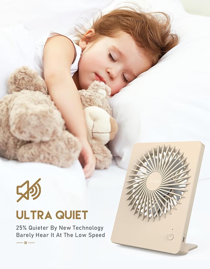 Zuvas Desk Fan Battery Operated Fan Rechargeable 180°Tilt Folding Personal Fan Ultra Quiet Small Portable 3 Speed Adjustable Strong Wind Fan For Office Bedroom Home Desktop Camping (Beige)