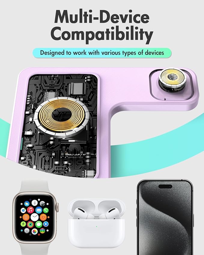 Wireless Charger Stand Charging Station: 3 in 1 Charger Multiple Devices for Apple iPhone 17 16e 16 15 14 Pro Max 13 12 11 for Watch 11 10 9 8 7 6 5 4 3 2 SE and Ultra & Airpods Series, Light Violet