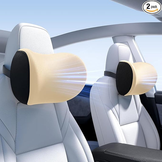 Wigoo 2026 Upgrade Car Neck Pillow [No More Pressure, Odorless] Soft Car Headrest Pillow with Adjustable Strap Removable Cover 100% Memory Foam, Fits All Vehicles (Beige 2-Pack)