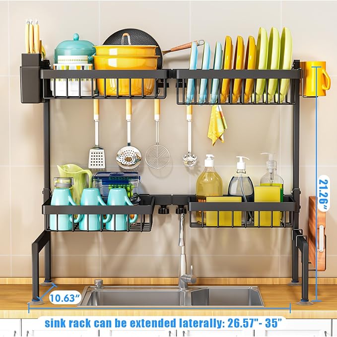 2 Tiers 4 Baskets (one More Than Others) Over The Sink Dish Drying Rack,fits All Sinks (from 24.8" to 35.4"),2-Tier Adjustable Sink Rack,Dishes Rack Kitchen Storage Organizer Space Saving