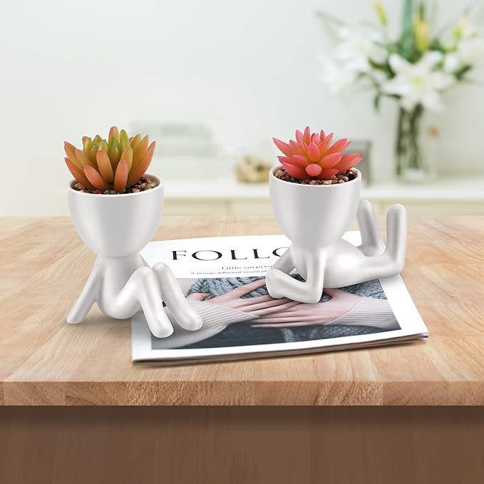 Fake Succulent, Mini Succulents Plants Artificial in White Modern Human Shaped Ceramic Pots Cute Pink Succulent for Office Decor for Women Girls, Desk Plant Cute Bathroom Decor 2PCS