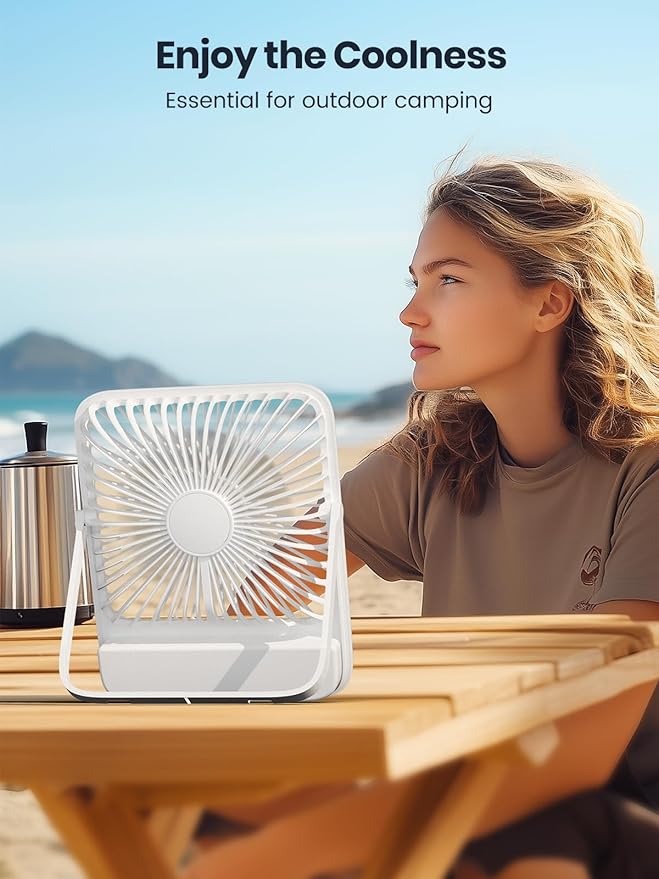 Warmco 10000mAh Portable Travel Fan 7-inch, Max 24H Runtime, Ultra-thin Quiet Rechargeable Battery Operated Desk Fan with Digital Display for Camping, Office, Bedroom, Cruise Essentials White