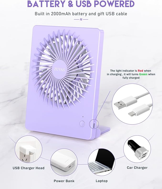 Zuvas Desk Fan Battery Operated Fan Rechargeable 180°Tilt Folding Personal Fan Ultra Quiet Small Portable 3 Speed Adjustable Strong Wind Fan For Office Bedroom Home Desktop Camping (Light Purple)