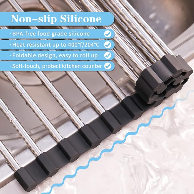 Seropy Roll Up Dish Drying Rack Over The Sink for Kitchen Sink Drying Rack Folding Dish Drainer Mat Rolling Dish Rack Sink Rack Stainless Steel Kitchen Dry Rack Black 17.5x15.7 Inch