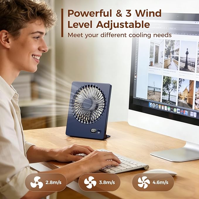 Zuvas Desk Fan Battery Operated Fan Rechargeable 180°Tilt Folding Personal Fan Ultra Quiet Small Portable 3 Speed Adjustable Strong Wind Fan For Office Bedroom Home Desktop Camping (Navy Blue)