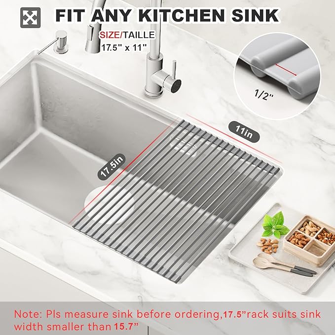 MERRYBOX Roll Up Over The Sink Dish Drying Rack Silicone Wrapped Foldable, Heat-Resistant, Anti-Slip Sink Rack Multipurpose Dish Drainer for Kitchen Sink Counter - Grey, 17.5" x 11"