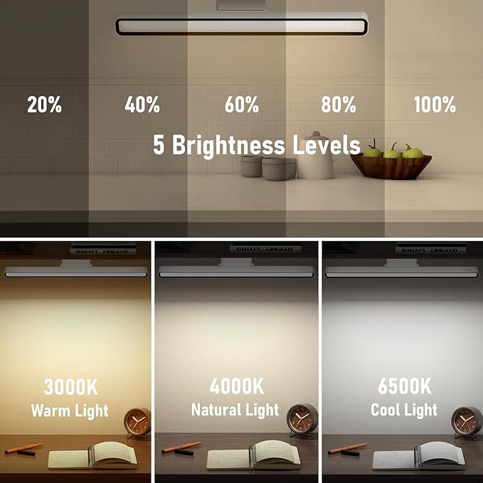 Magnetic Light Bar, 16.5in Rechargeable LED Desk Light Bar with Remote Control, 3000K, 4500K, 6000K Color Temperature Battery Powered Under Cabinet Lighting for Desk, Home Office, Under Shelf