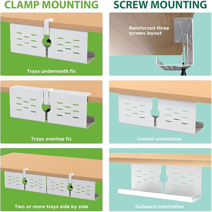 KEEGH 16'' Under Desk Cable Management Tray, No Drill Clamp/Screws Mount, Sturdy Metal Cable Tray for Place Power Strip, Cord Management Tray for Home Office, Gaming Desk, Standing Desk, 1 Pack, White