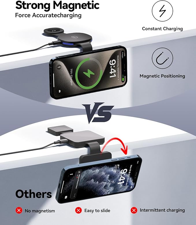 Wireless Charger iPhone Charging Station - 3-in-1 Magnetic MagSafe Charger Multiple Devices for Apple, 15W Fast Charging Foldable Travel Charging Pad for iPhone 17/16/15/14/13/12, AirPods, Apple Watch