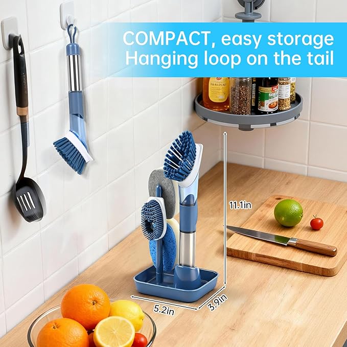 Soap Dispensing Scrub Brush - 4-in-1 Kitchen Cleaning Brush with Built-in Tank, Scraper Heads for Stubborn Grime on Pots Pans, Stand/Hang Storage-Blue