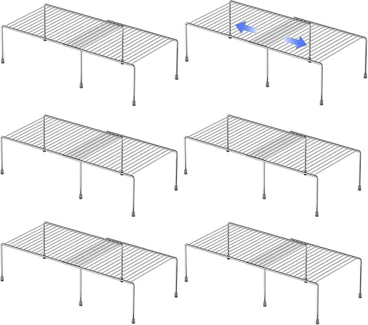 Redrubbit Cabinet Storage Shelf Rack, Expandable Metal Rustproof Kitchen Counter and Cabinet Shelf, Storage Rack Organizer Space Saver for Kitchen, Fridge, Cabinet, Bathroom, Chrome, Set of 6