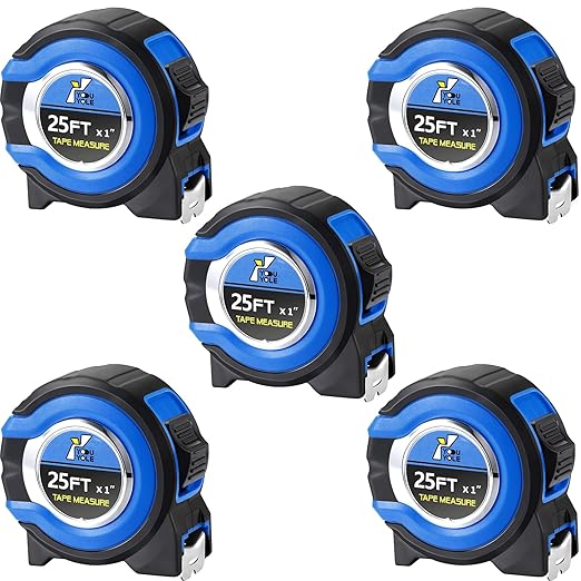 Youyole 5 Pack Tape Measure with Fractions 1/8 Steel Measuring Tape Retractable Easy Read Measurement Ruler Steel Power Blade (25 ft X 1 in,Blue)
