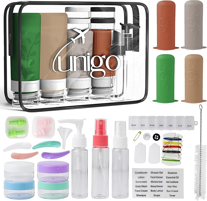 unigo Silicone Travel Bottles Set for Toiletries, Airplane Approved TSA Carry On Size, BPA Free Leakproof Refillable Squeeze Containers with Labels, Cleaning Brush and Covers (Multicolor C)