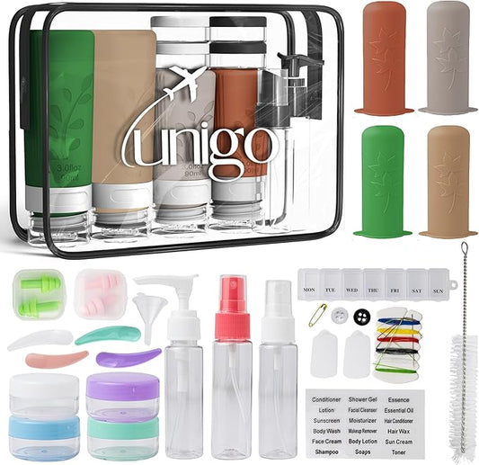 unigo Silicone Travel Bottles Set for Toiletries, Airplane Approved TSA Carry On Size, BPA Free Leakproof Refillable Squeeze Containers with Labels, Cleaning Brush and Covers (Multicolor C)