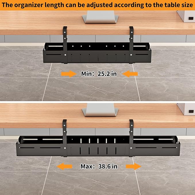 Under Desk Cable Management Tray, Expandable Length 25.2"-38.6",No Drill No Damage to Desk,Cable Tray with Clamp for with Wire Management,for Cord Organizer for Home Office Standing Desk, Black