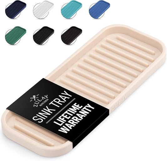 Zulay Kitchen (9x3.5) Silicone Sponge Holder for Kitchen Sink - Flexible Multipurpose Soap Tray - Sink Organizer for Kitchen, Bathroom, Makeup, Trinkets & More (Ivory)