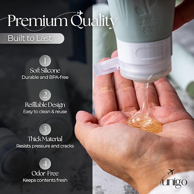 unigo Silicone Travel Bottles Set for Toiletries, Airplane Approved TSA Carry On Size, BPA Free Leakproof Refillable Squeeze Containers with Labels, Cleaning Brush and Covers (White and Black)