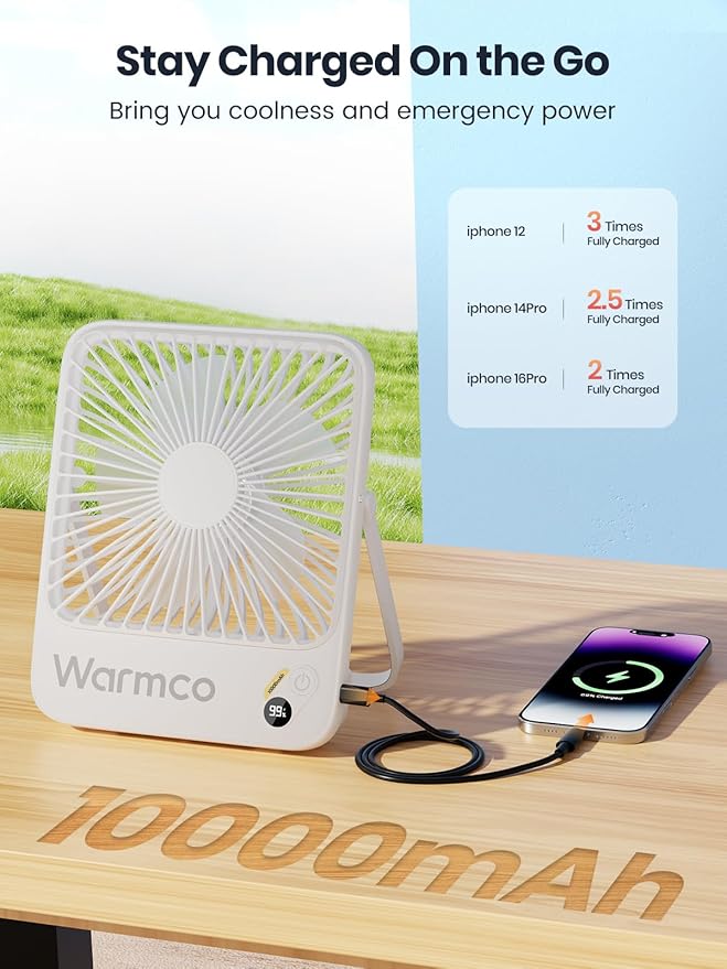Warmco 10000mAh Portable Travel Fan 7-inch, Max 24H Runtime, Ultra-thin Quiet Rechargeable Battery Operated Desk Fan with Digital Display for Camping, Office, Bedroom, Cruise Essentials White