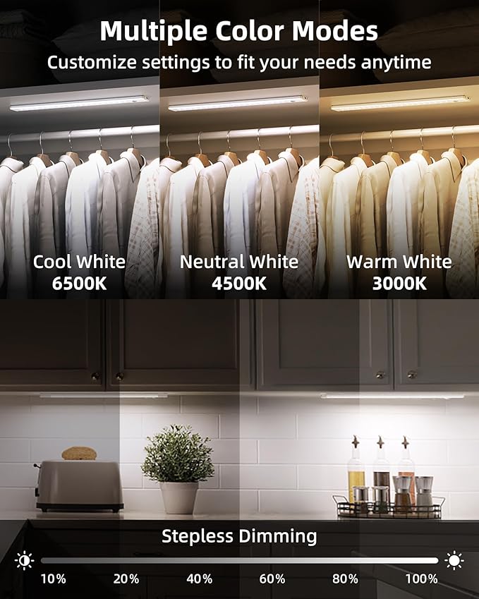 Under Cabinet Lights, Motion Sensor Light Indoor, Wireless Closet Lights, 2200mAh Rechargeable, Magnetic, 3 Color Temps, 5 Levels Dimmable, Under Counter Lights for Kitchen (2 Pack)