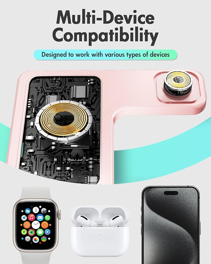 Wireless Charger Stand Charging Station: 3 in 1 Charger Stand Multiple Devices for Apple - iPhone 17 16e 16 15 14 Pro Max 13 12 - Watch 11 10 9 8 7 6 5 4 3 2 SE and Ultra Series-Airpods 4 3 Pro, Pink