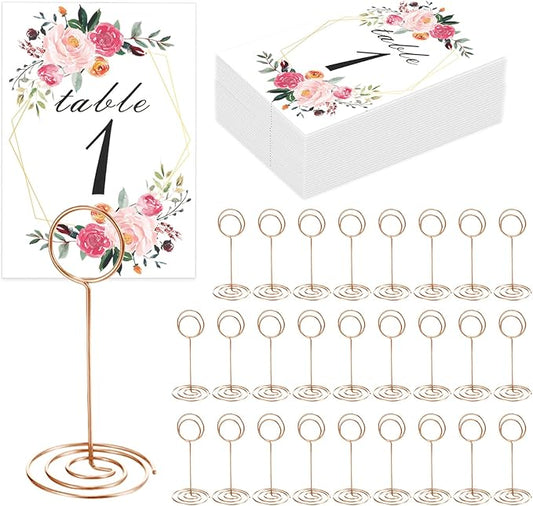 26 PCS Table Number Holder - Table Card Holder Stand Wire Photo Holder with 26 Pcs Floral Table Number Cards, Place Card Holder Stand for Weddings Party Office Paper Memo Menu Note Clips