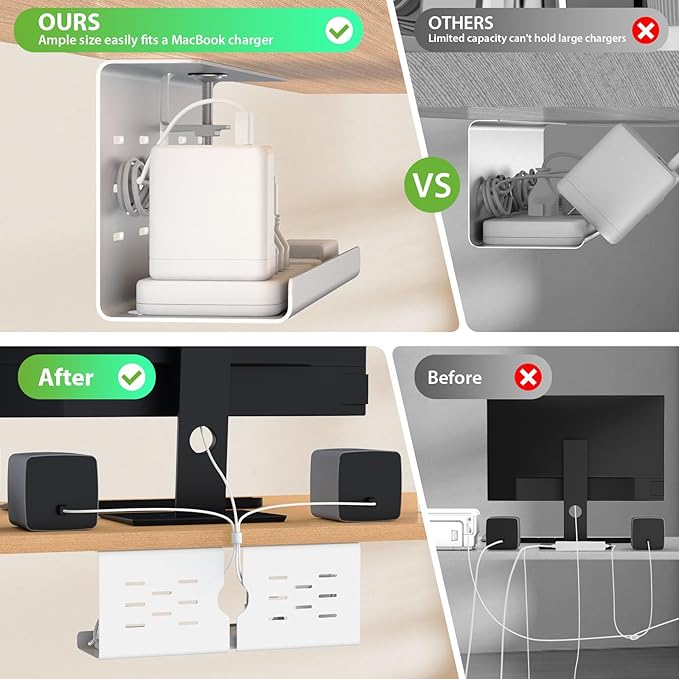 KEEGH 16'' Under Desk Cable Management Tray, No Drill Clamp/Screws Mount, Sturdy Metal Cable Tray for Place Power Strip, Cord Management Tray for Home Office, Gaming Desk, Standing Desk, 1 Pack, White