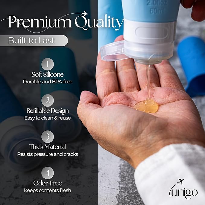 unigo Silicone Travel Bottles Set for Toiletries, Airplane Approved TSA Carry On Size, BPA Free Leakproof Refillable Squeeze Containers with Labels, Cleaning Brush and Covers (Blue)