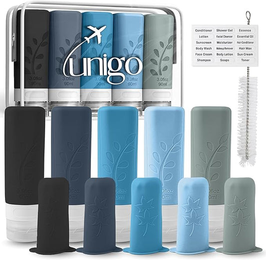 unigo Silicone Travel Bottles Set for Toiletries, Airplane Approved TSA Carry On Size, BPA Free Leakproof Refillable Squeeze Containers with Labels, Cleaning Brush and Covers (Blue)