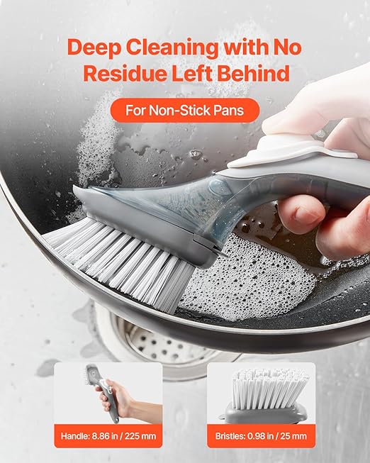 VEVOR Soap Dispensing Dish Brush, Kitchen Scrub Brushes with 3 Brush Heads, Dish Cleaning Brushes with PP Handle and Curved Bristles, Ideal for Pots, Pans, Sink and Stove