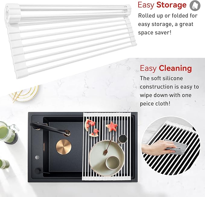 MERRYBOX Roll Up Over The Sink Dish Drying Rack Silicone Wrapped Foldable, Heat-Resistant, Anti-Slip Sink Rack Multipurpose Dish Drainer for Kitchen Sink Counter - White, 17.5" x 11"