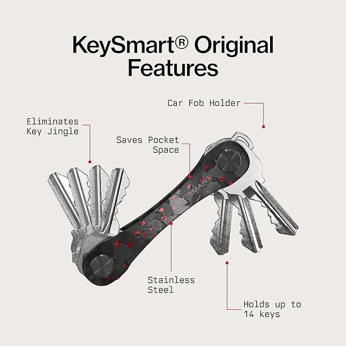 KeySmart Original Key Holder - Compact Key Organizer for Key Chain, Minimalist Clutter-Free EDC Keychains Key Ring, Red Forged Carbon Fiber, 14 Keys