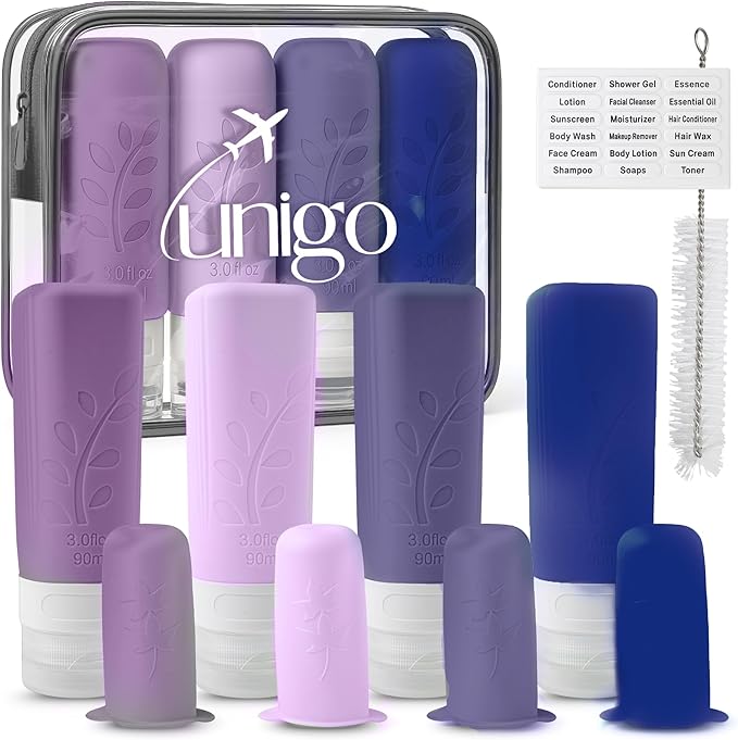 unigo Silicone Travel Bottles Set for Toiletries, Airplane Approved TSA Carry On Size, BPA Free Leakproof Refillable Squeeze Containers with Labels, Cleaning Brush and Covers (Purple)
