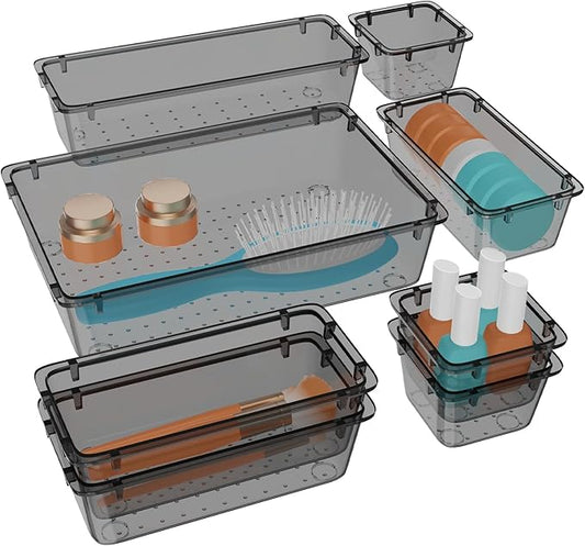 WOWBOX 8 PCS Clear Plastic Drawer Organizer Set, 4 Sizes Desk Drawer Organization and Storage Containers for Makeup, Cosmetics, Jewelry and Gadgets in Kitchen, Bathroom, Bedroom, Office, Clear Black