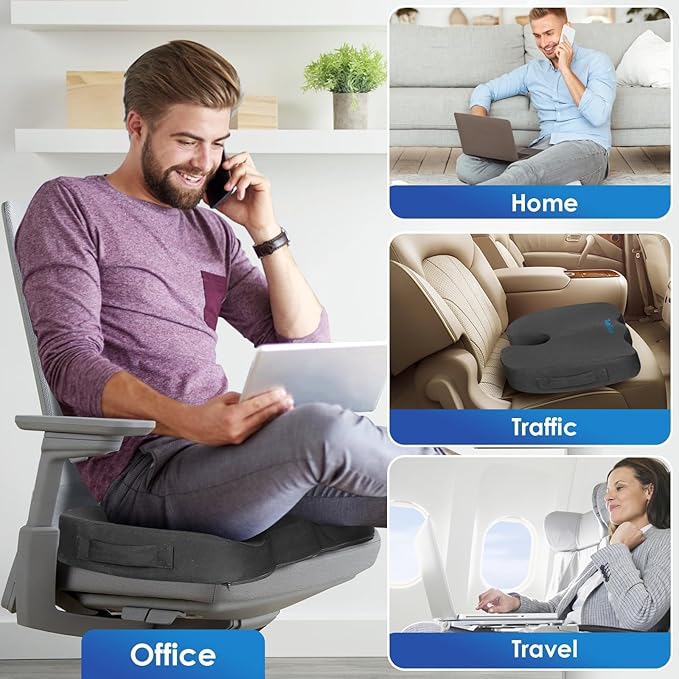 TushGuard Seat Cushion for Office Chair Memory Foam Non-Slip Cushion Back, Coccyx, Sciatica, Tailbone Pain Relief Butt Pillow for Office Chair, Car, Wheelchair, Grey, XX-Large