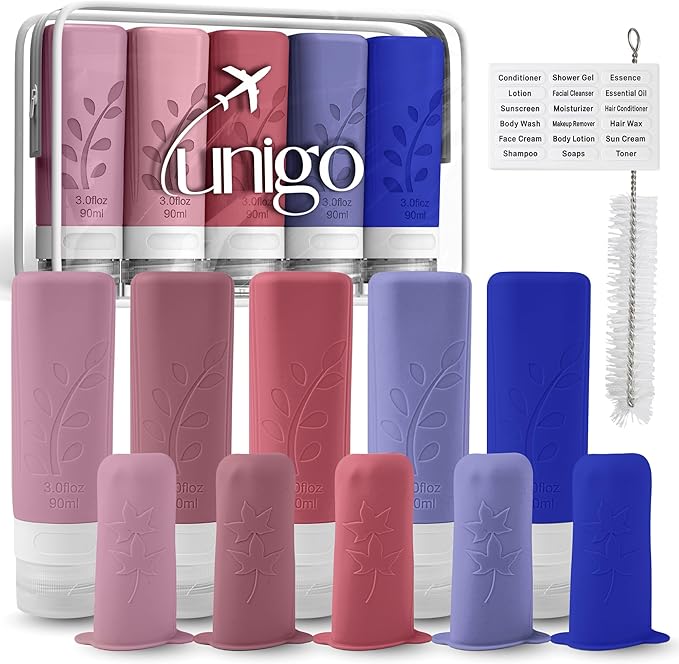 unigo Silicone Travel Bottles Set for Toiletries, Airplane Approved TSA Carry On Size, BPA Free Leakproof Refillable Squeeze Containers with Labels, Cleaning Brush and Covers (Purple)