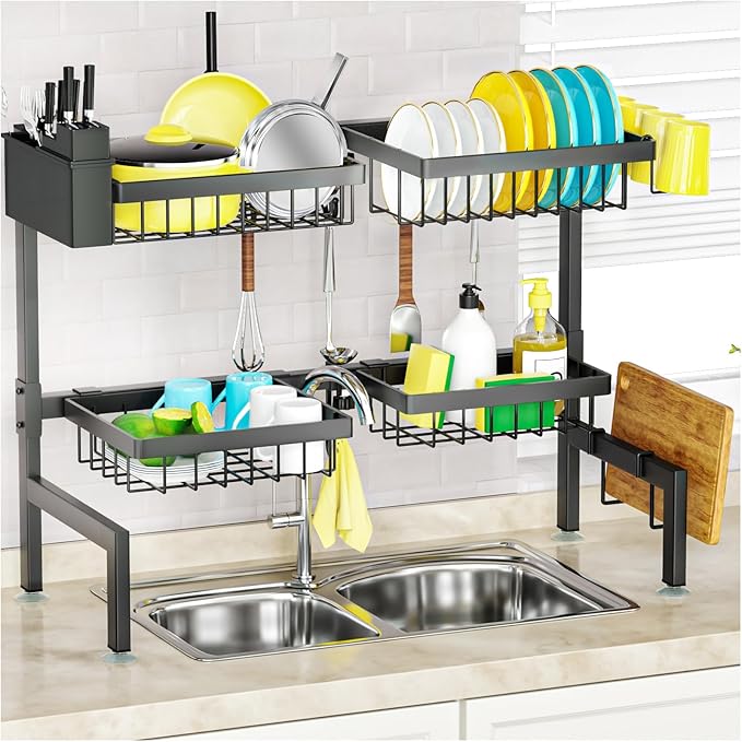 SNSLXH 4 Baskets 2-Tier Over The Sink Dish Drying Rack, 26.57"-35", Large Sink Rack for Kitchen, Extensible and Adjustable, Saving Kitchen Space